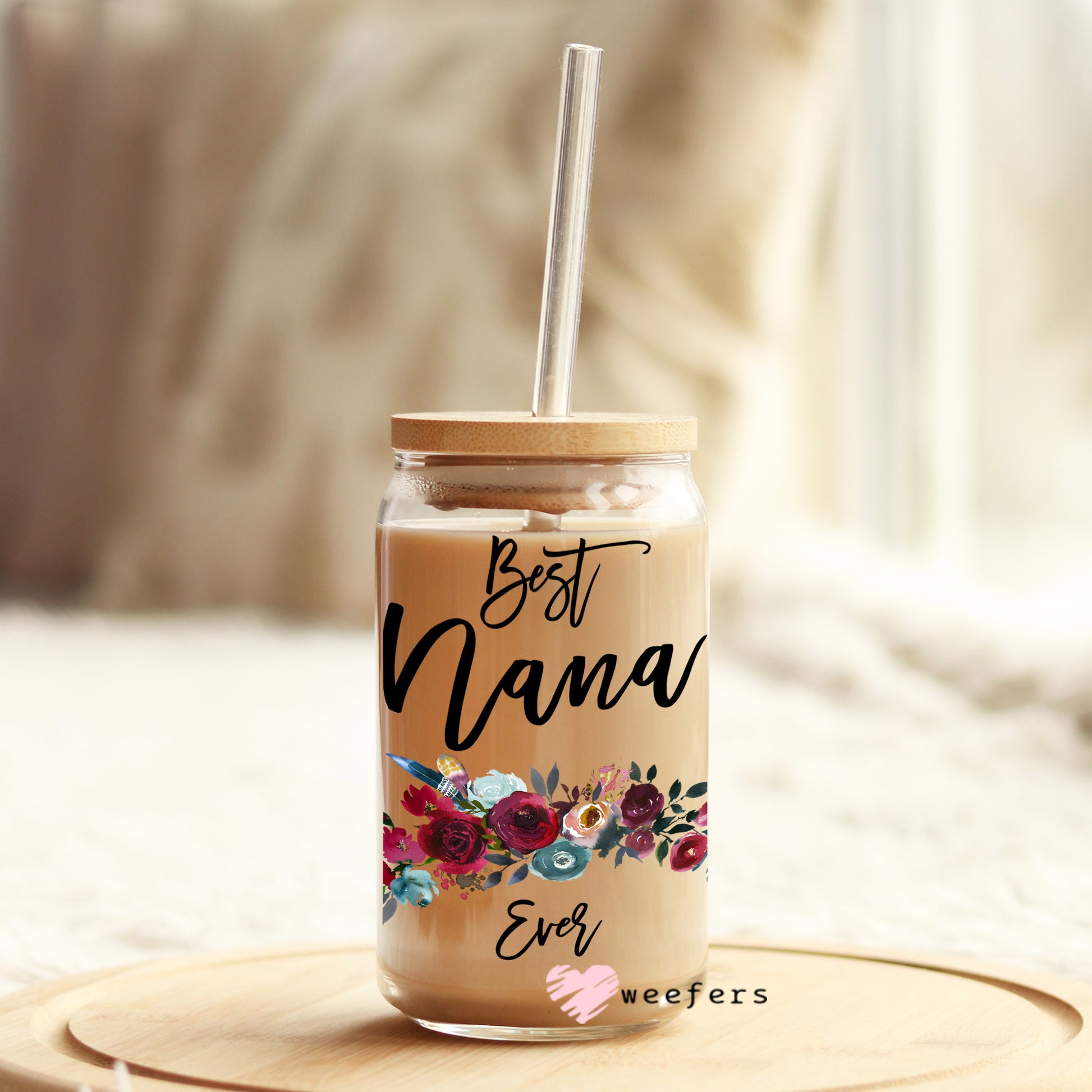 Best Nana Ever Burgundy Floral 16oz Libbey Glass Can UV DTF or Sublimation Wrap - Decal - Weefers