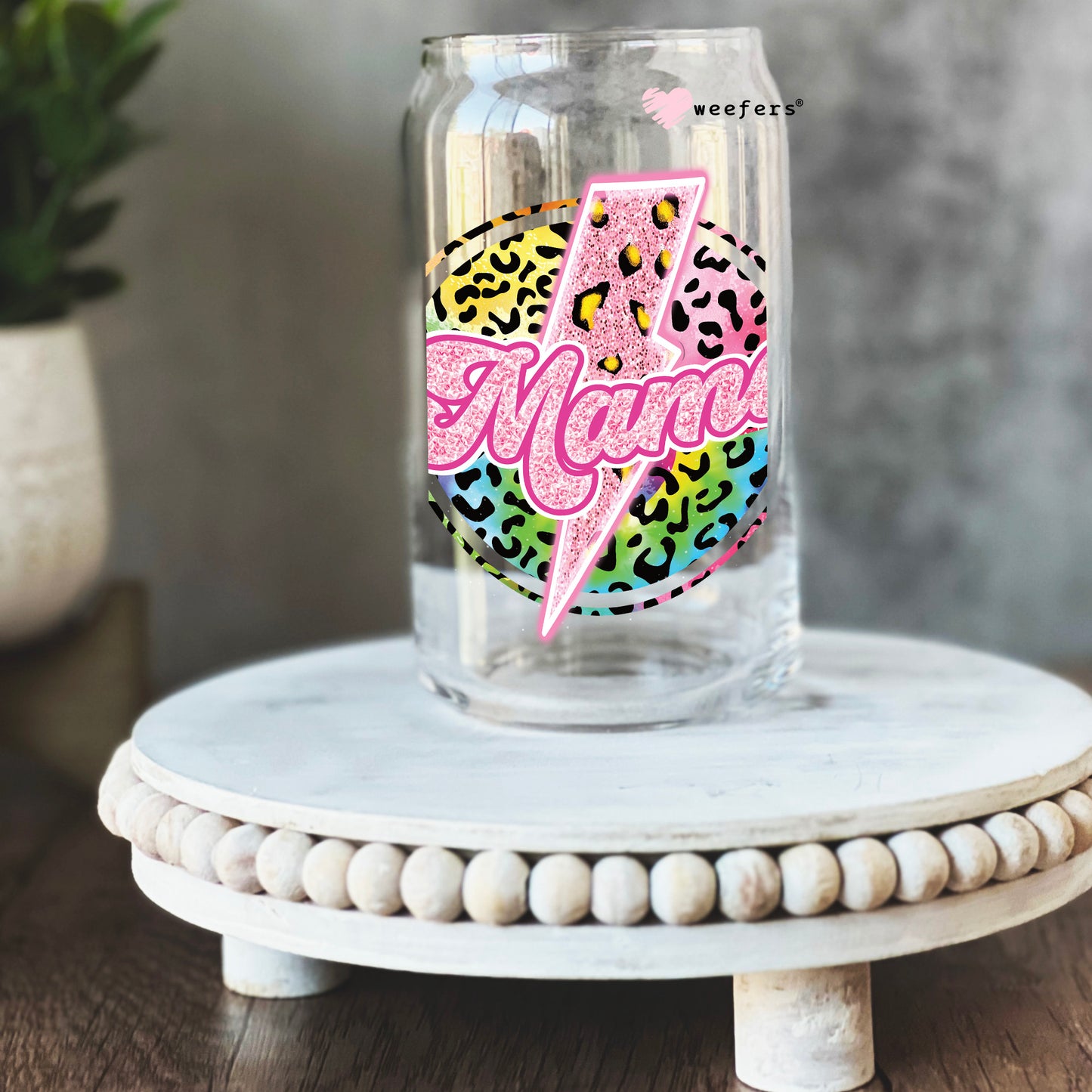 Pink Mama Cheetah Lightening Bolt 16oz Libbey Glass Can UV DTF or Sublimation Cup Wrap - Decal Transfer - Weefers