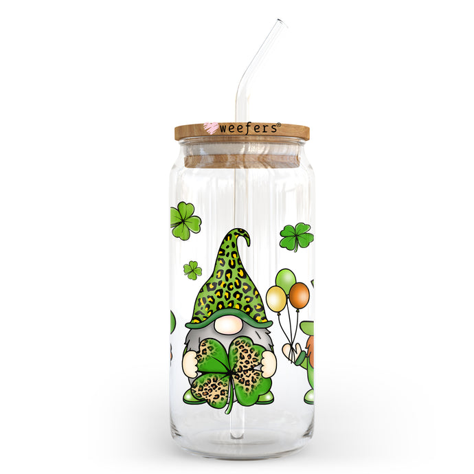 a glass jar with a green gnome holding balloons