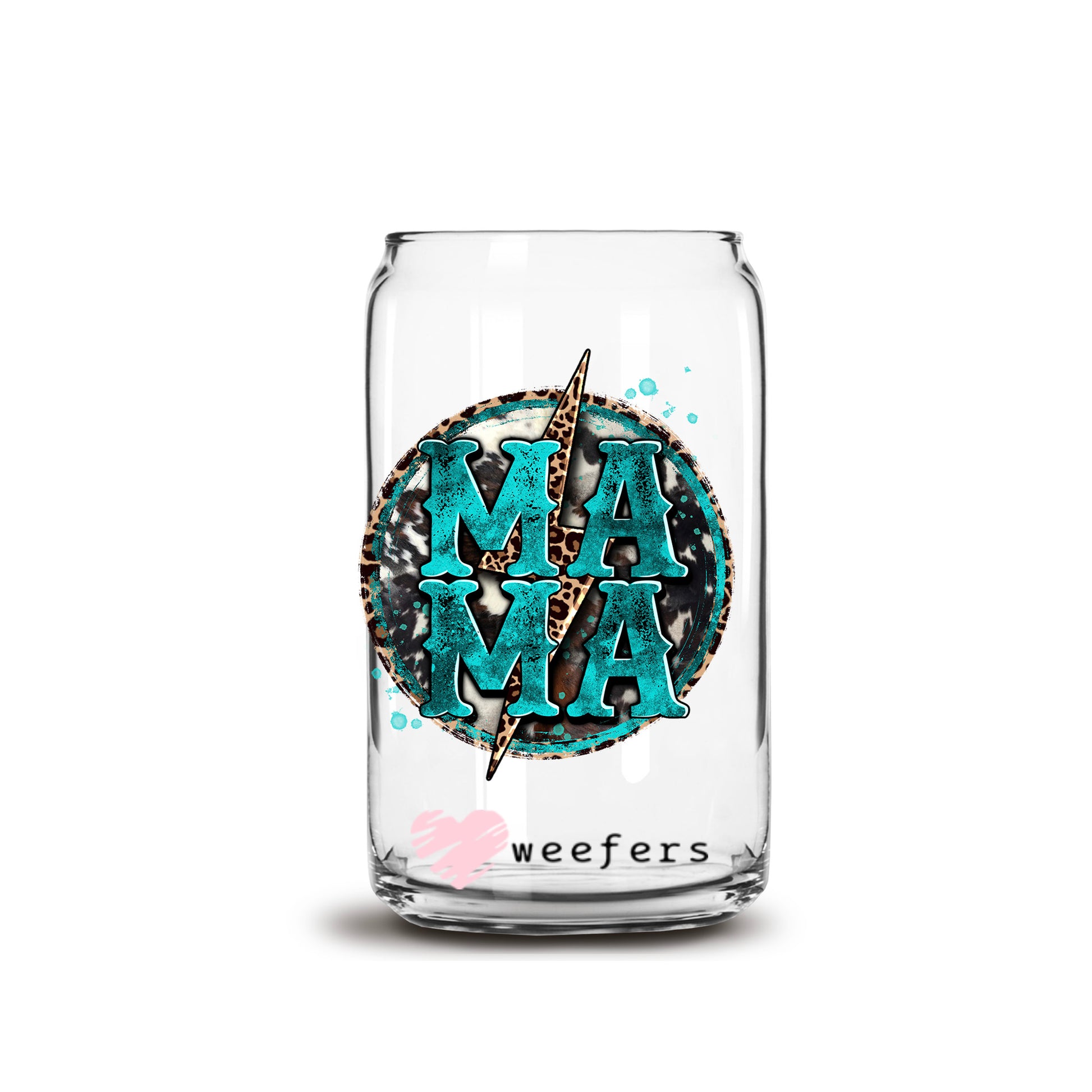 MaMa Teal Black Leopard 16oz Libbey Glass Can UV DTF or Sublimation Wrap - Decal - Weefers