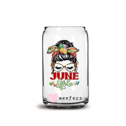 Messy Bun June Girl Birthday Month 16oz Libbey Glass Can UV DTF or Sublimation Wrap - Decal - Weefers