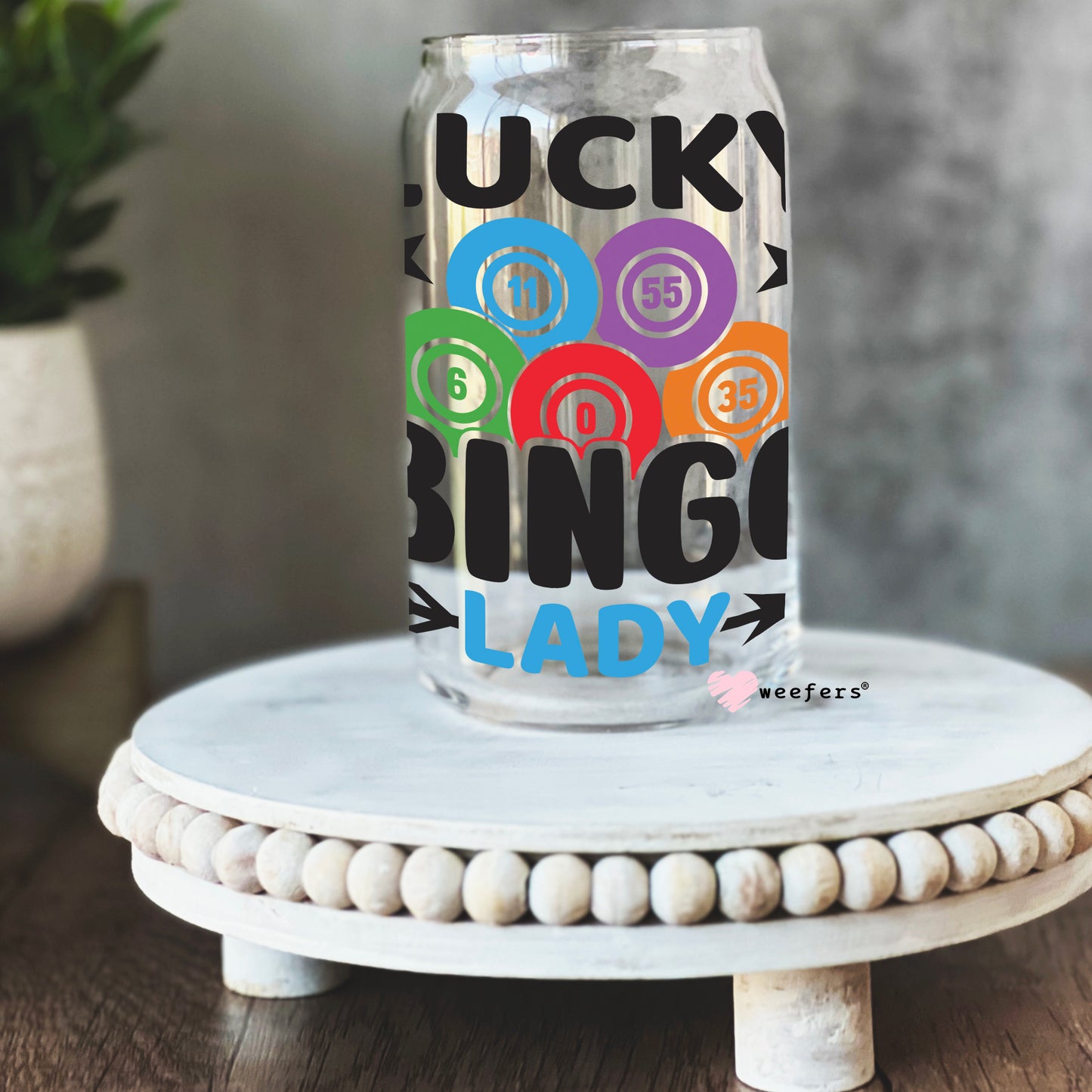 Lucky Bingo Lady 16oz Libbey Glass Can UV DTF or Sublimation Wrap - Decal - Weefers