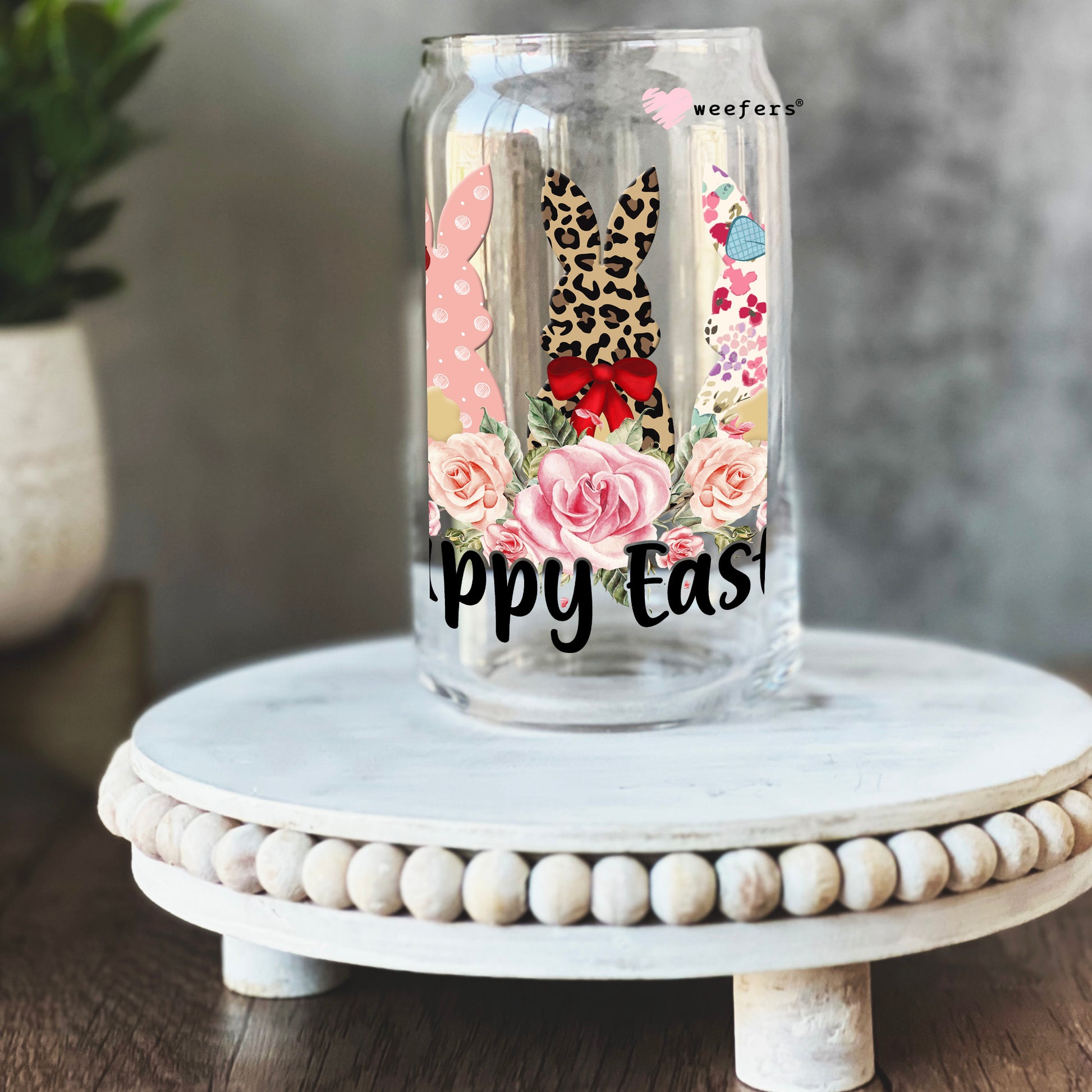 Happy Easter Trio Bunnies 16oz Libbey Glass Can UV DTF or Sublimation Cup Wrap - Decal Transfer - Weefers