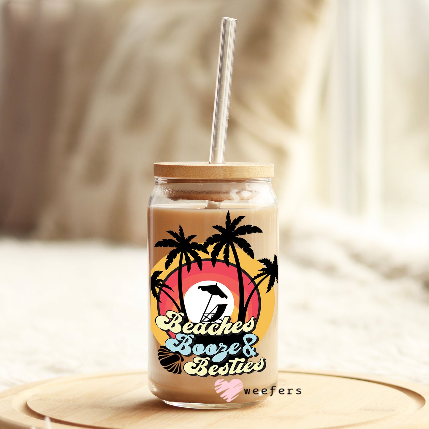 Beaches Booze and Besties Palms 16oz Libbey Glass Can UV DTF or Sublimation Wrap - Decal - Weefers