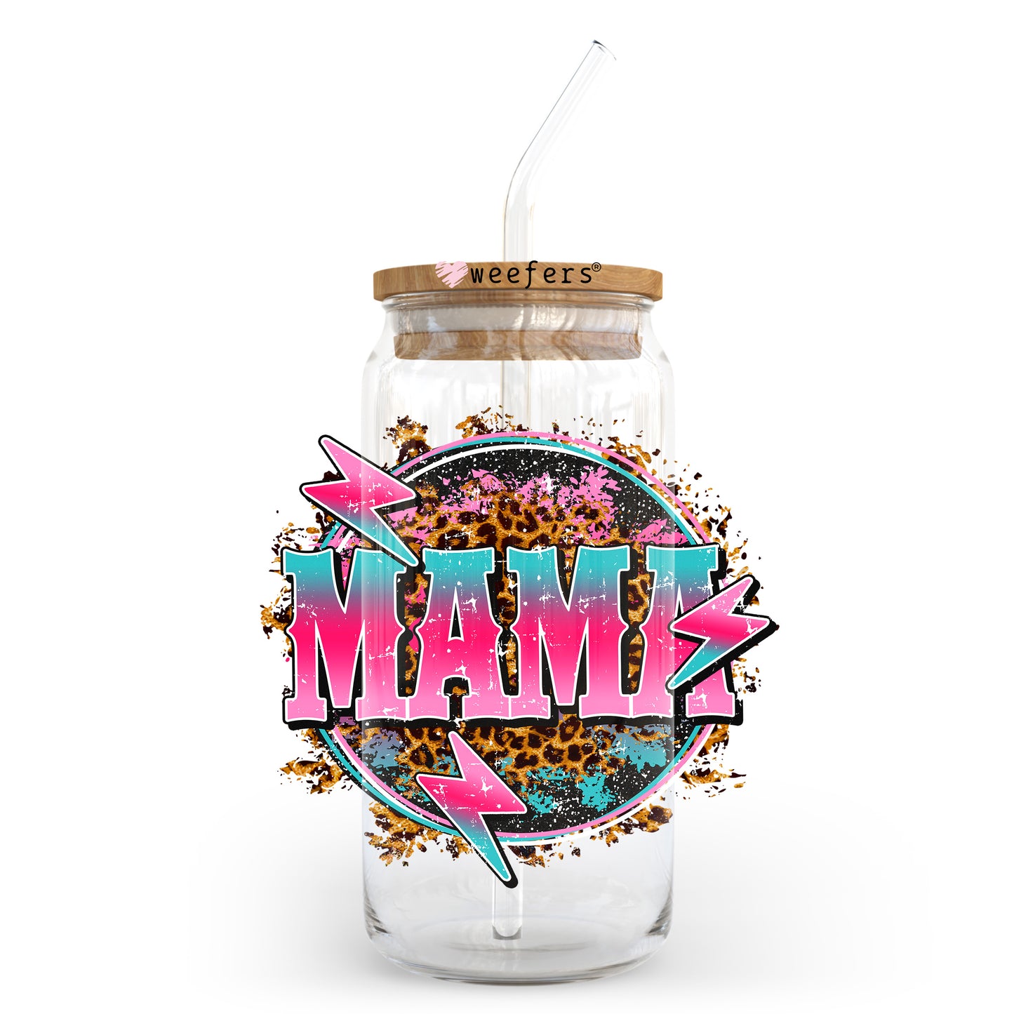 Mama Teal and Pink Lightening Bolt 20oz Libbey Glass Can UV DTF or Sublimation Wrap - Decal Transfer - Weefers