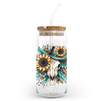 Sunflower Teal Cow Skull 20oz Libbey Glass Can UV DTF or Sublimation Wrap - Decal Transfer - Weefers