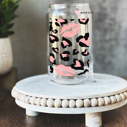 Pink and Black Leopard Lips 16oz Libbey Glass Can UV DTF or Sublimation Wrap - Decal - Weefers