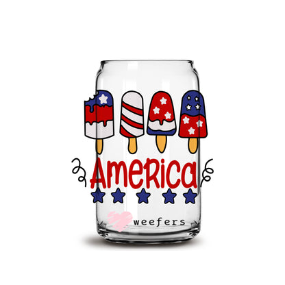 4th of July America Popsicles 16oz Libbey Glass Can UV DTF or Sublimation Wrap - Decal - Weefers