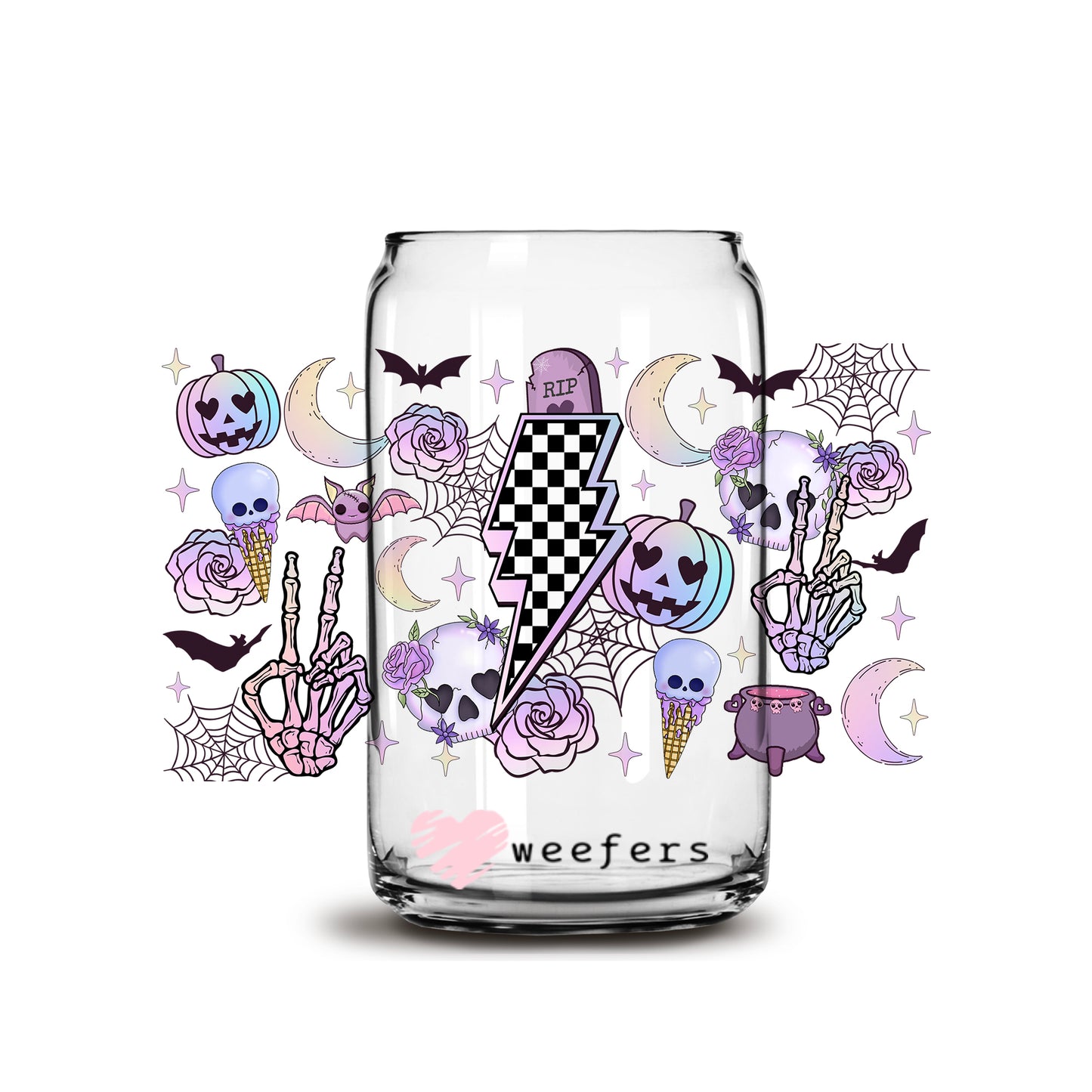 Purple pumpkins and Skeltons Halloween 16oz Libbey Glass Can UV DTF or Sublimation Wrap - Decal - Weefers