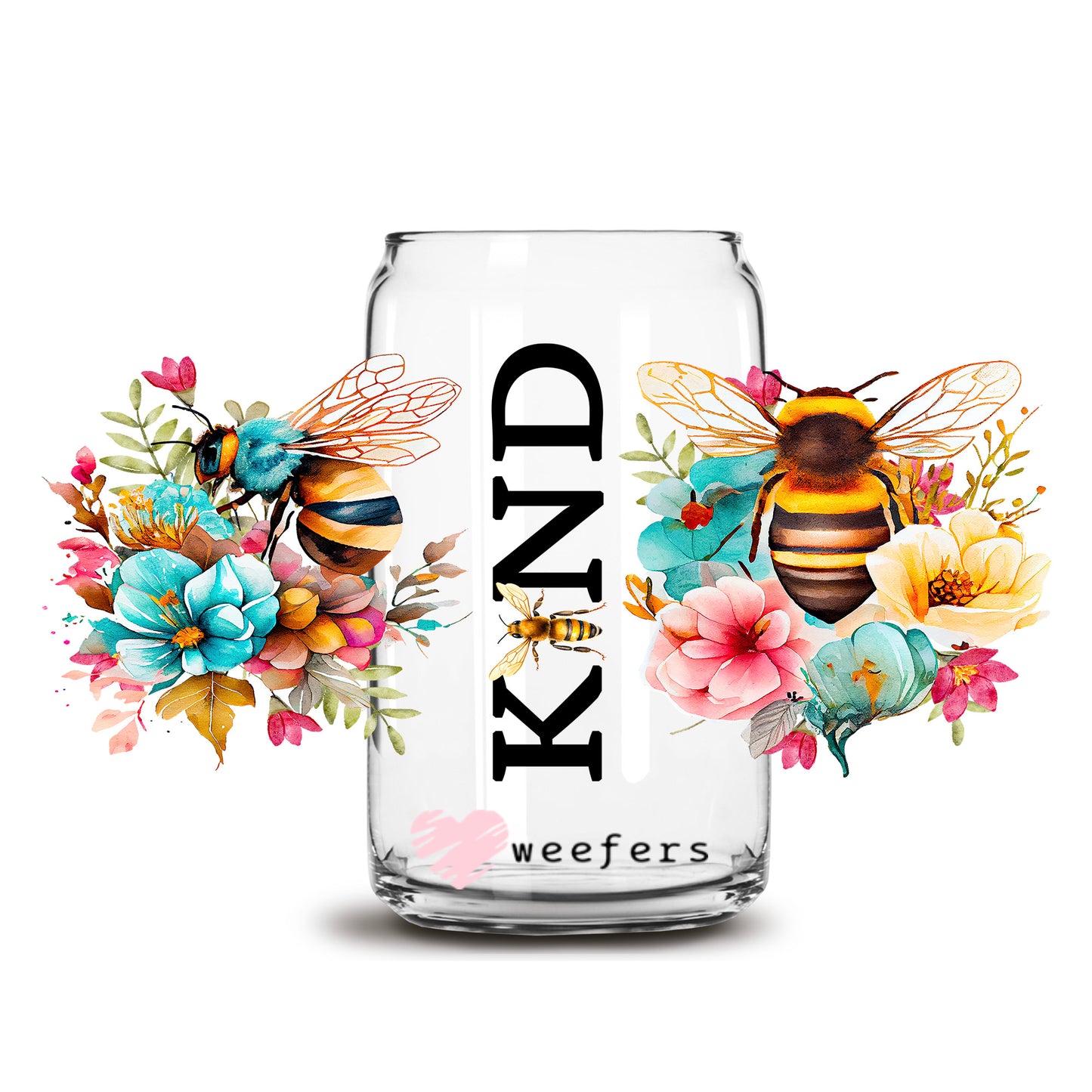 Be Kind Teal Floral 16oz Libbey Glass Can UV DTF or Sublimation Cup Wrap - Decal Transfer - Weefers