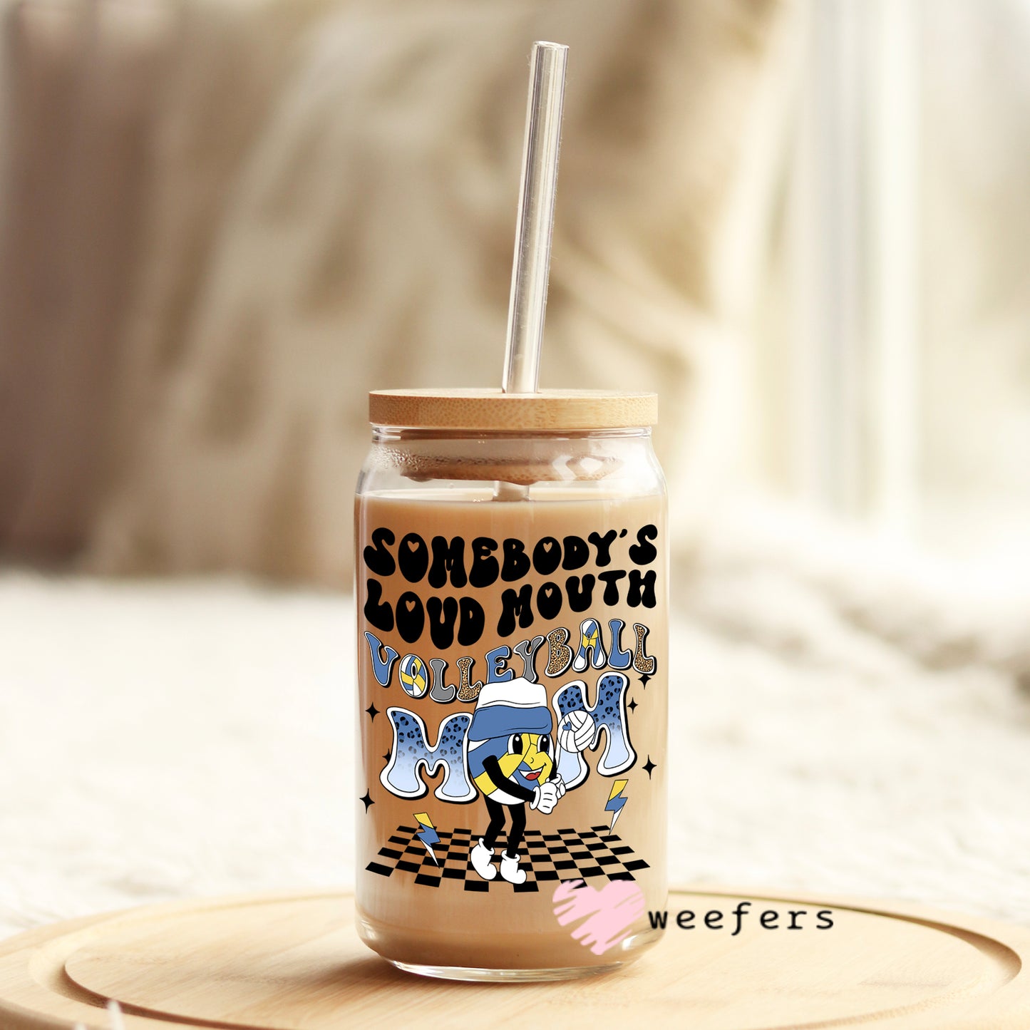 Somebody's Loud Mouth Volleyball Mom Retro 16oz Libbey Glass Can UV DTF or Sublimation Wrap - Decal - Weefers