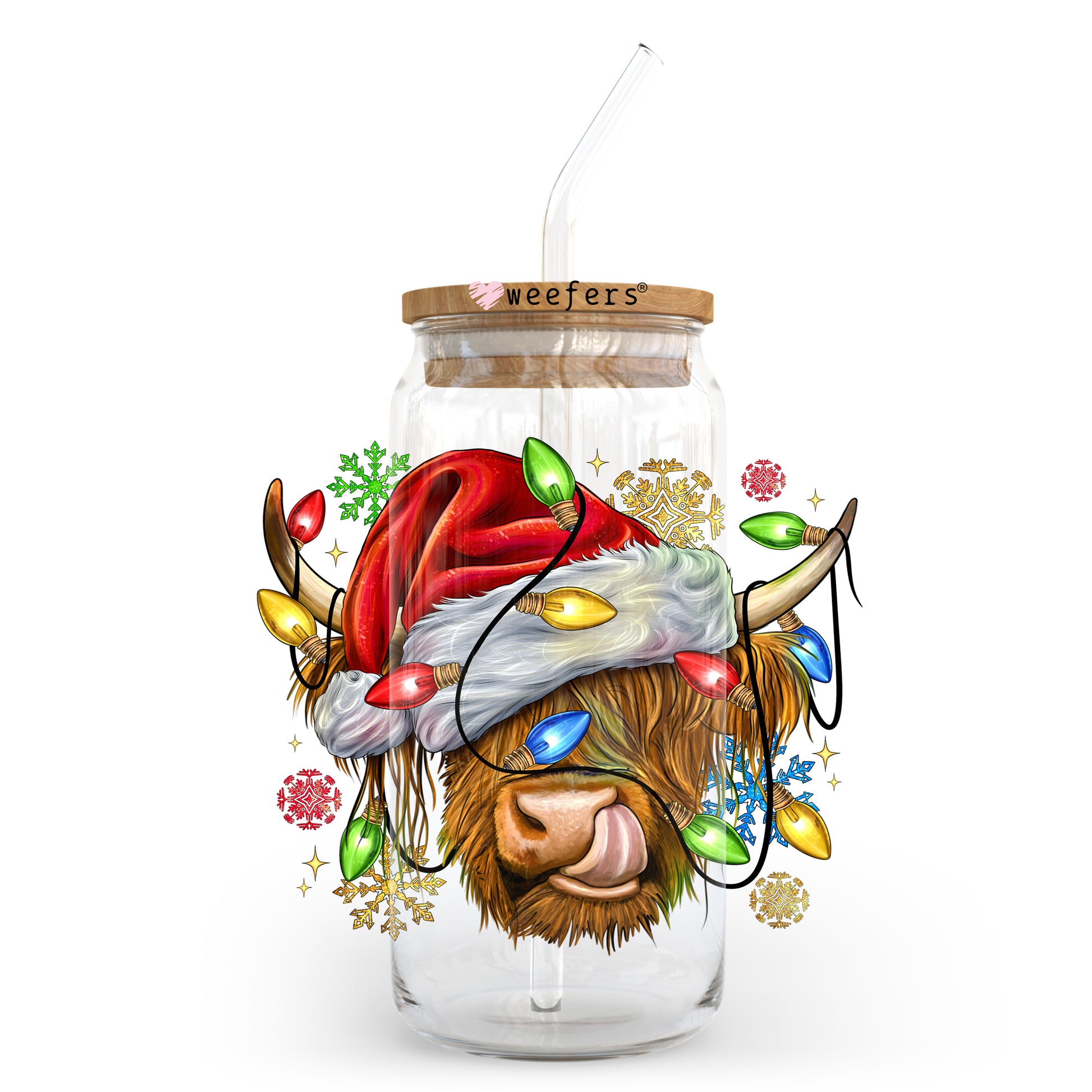 Bougee Christmas Highlander Cow 20oz Libbey Glass Can UV DTF or Sublimation Wrap - Decal - Weefers