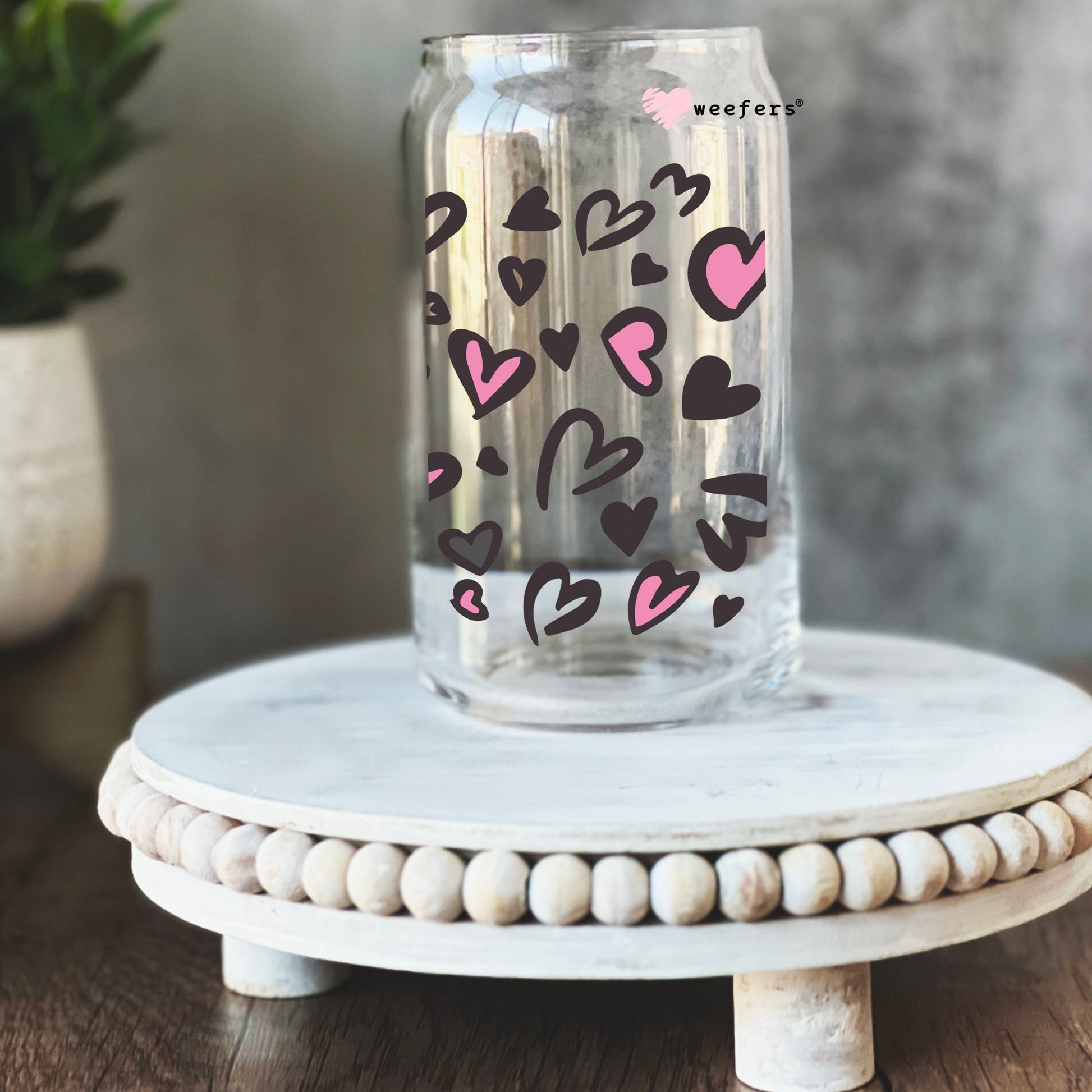 Grey and Pink Hearts Valentine's Day 16oz Libbey Glass Can UV DTF or Sublimation Cup Wrap - Decal Transfer - Weefers