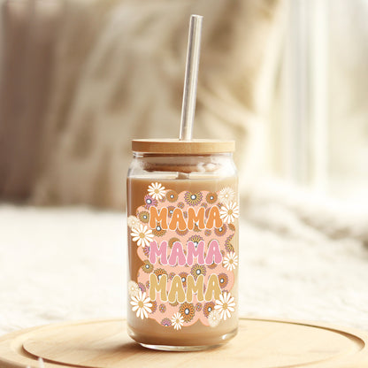 Mama Boho Flowers 16oz Libbey Glass Can UV DTF or Sublimation Cup Wrap - Decal Transfer - Weefers