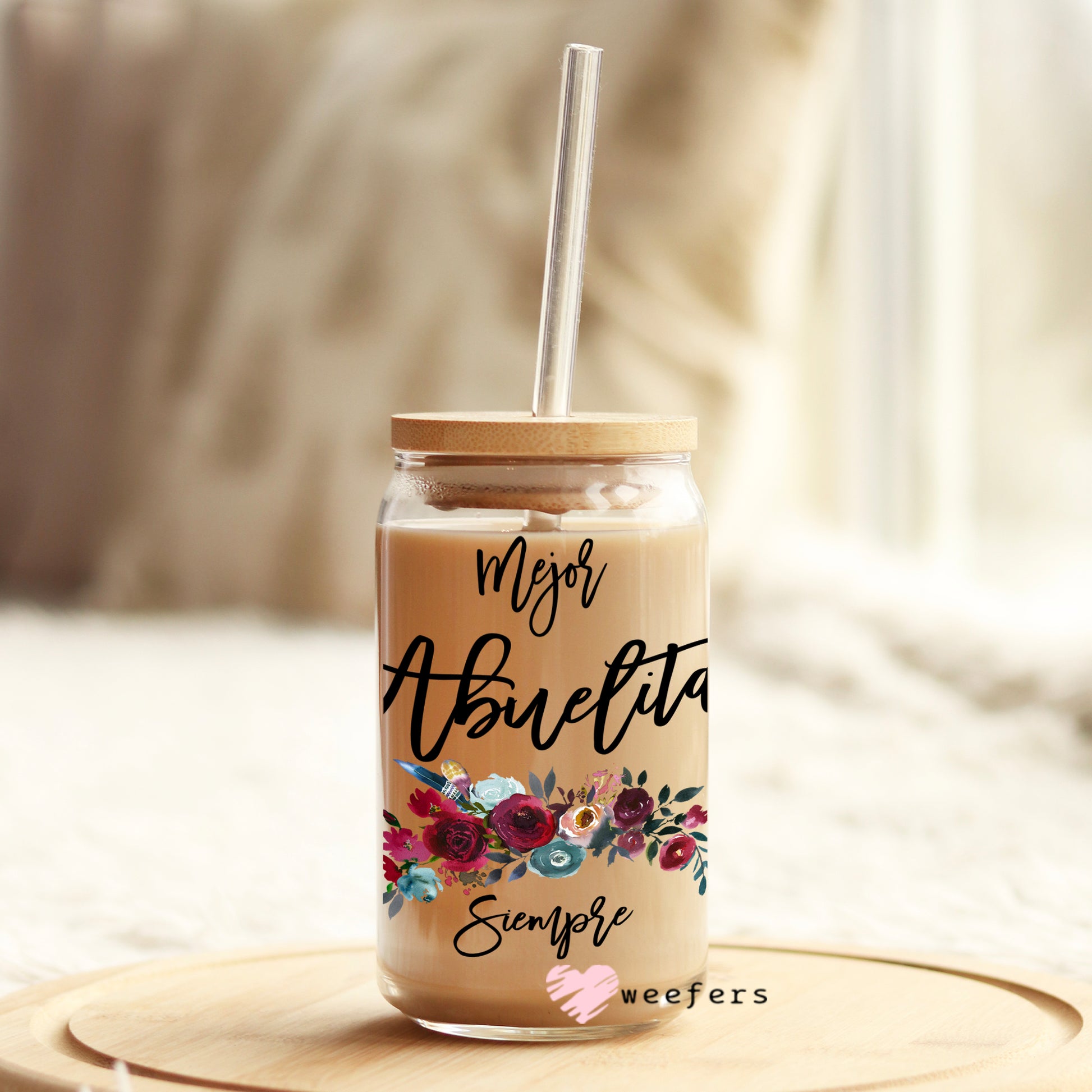 Spanish Mejor Abuelita Siempre Burgundy Floral 16oz Libbey Glass Can UV DTF or Sublimation Wrap - Decal - Weefers