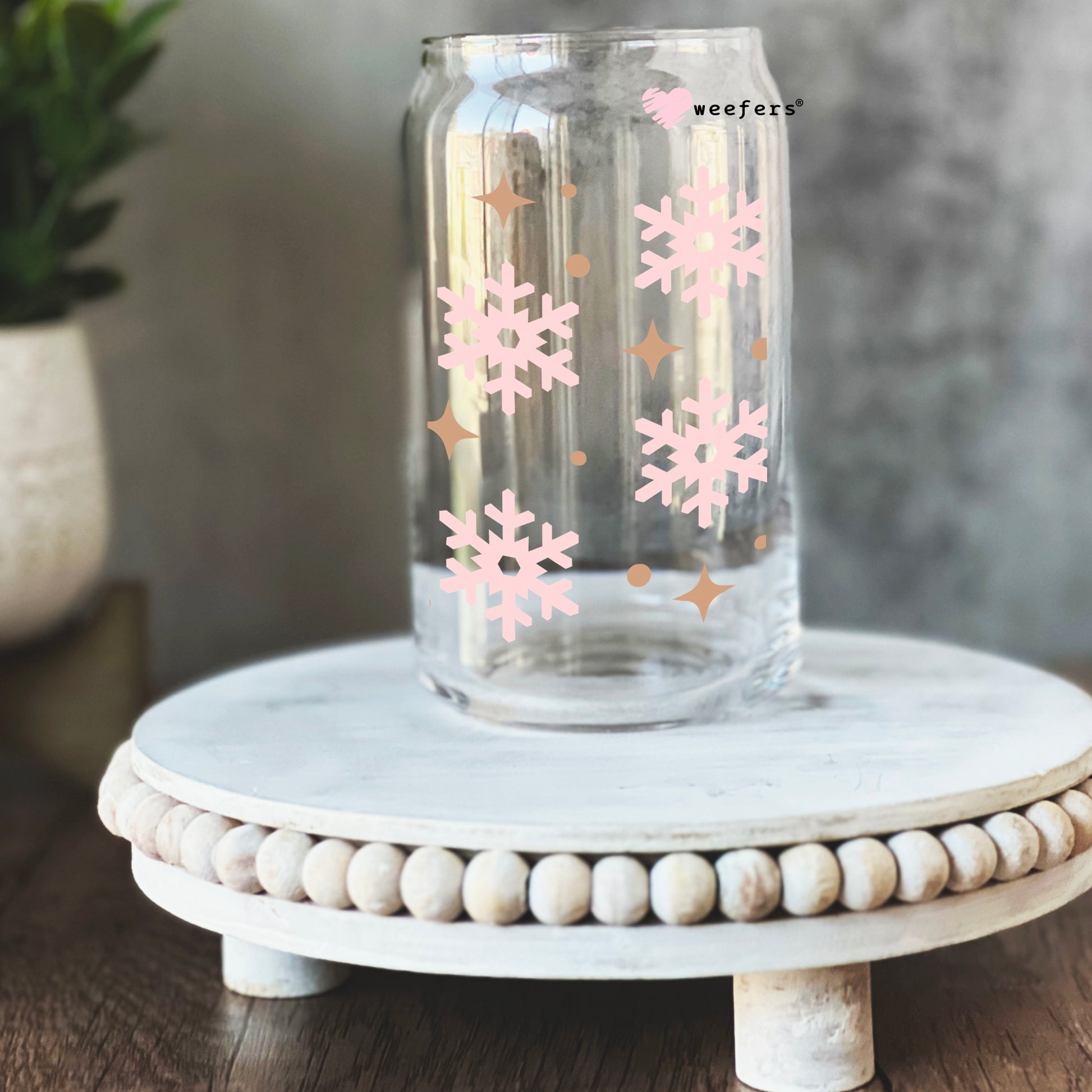 Pink Snowflakes Christmas 16oz Libbey Glass Can UV DTF or Sublimation Wrap - Decal - Weefers