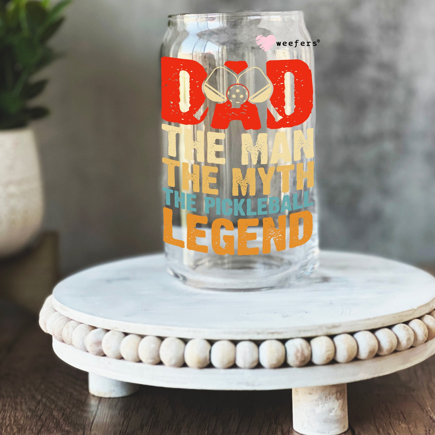 Dad the Man the myth, the legend Pickleball Player 16oz Libbey Glass Can UV DTF or Sublimation Wrap - Decal - Weefers