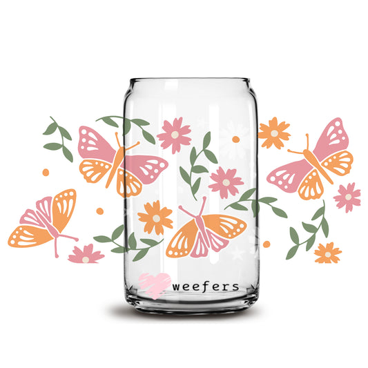 Orange and Pink Butterflies 16oz Libbey Glass Can UV DTF or Sublimation Wrap - Decal - Weefers