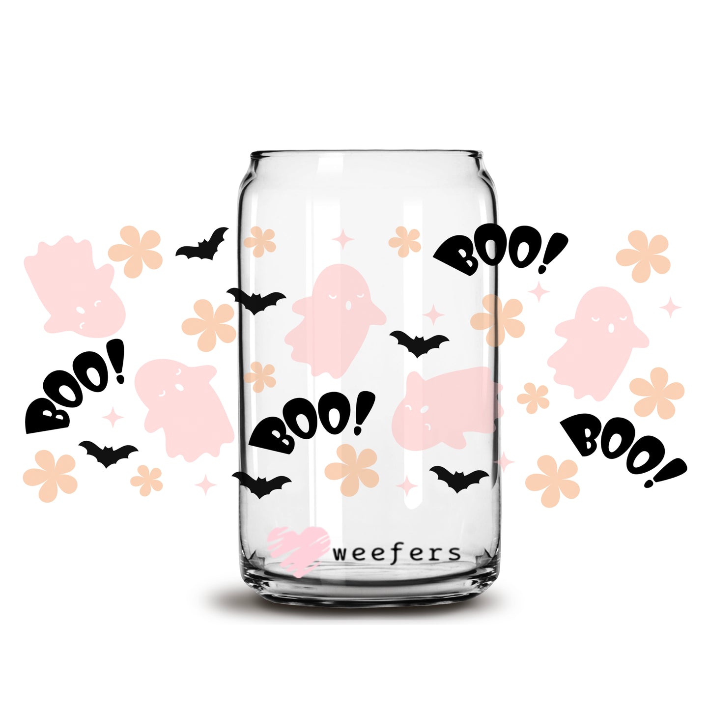 Boo Pink Ghost Halloween 16oz Libbey Glass Can UV DTF or Sublimation Wrap - Decal - Weefers