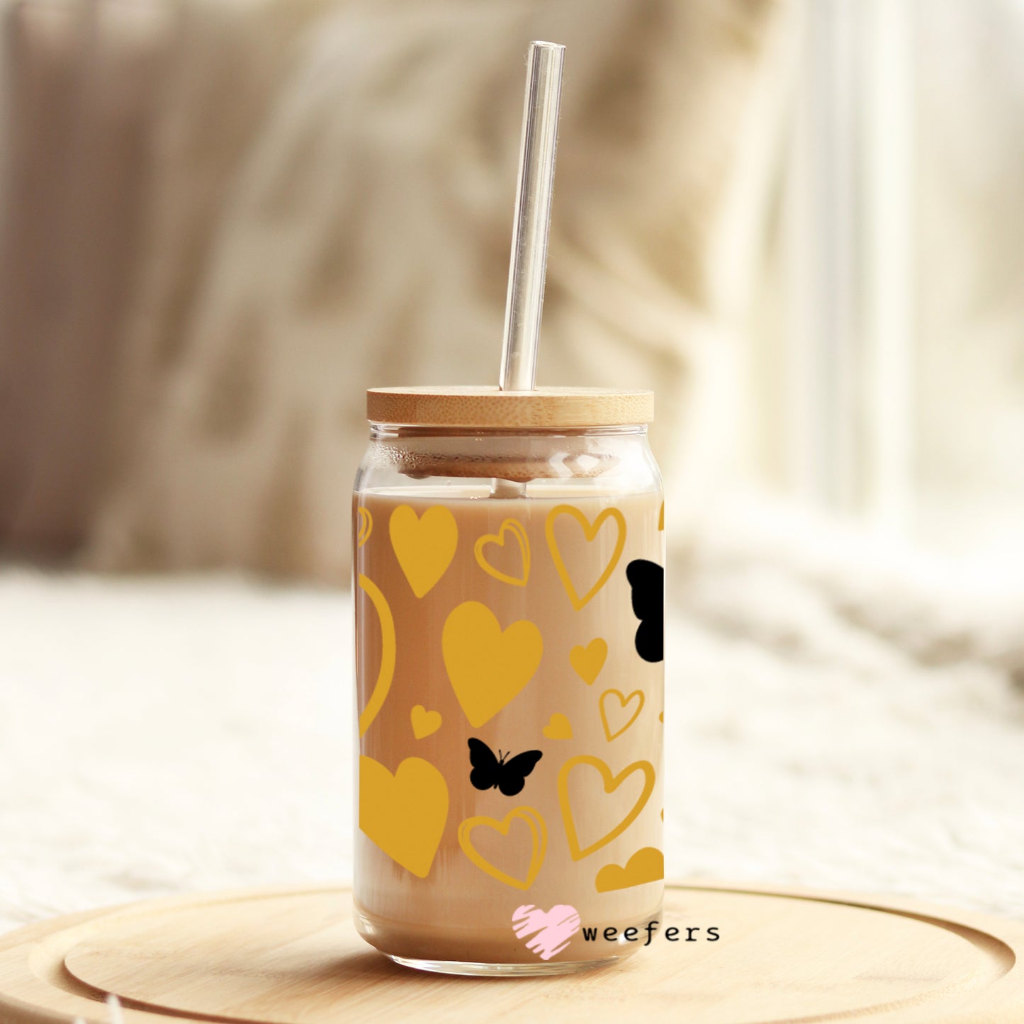 Gold Hearts and Black Butterflies 16oz Libbey Glass Can UV DTF or Sublimation Wrap - Decal - Weefers