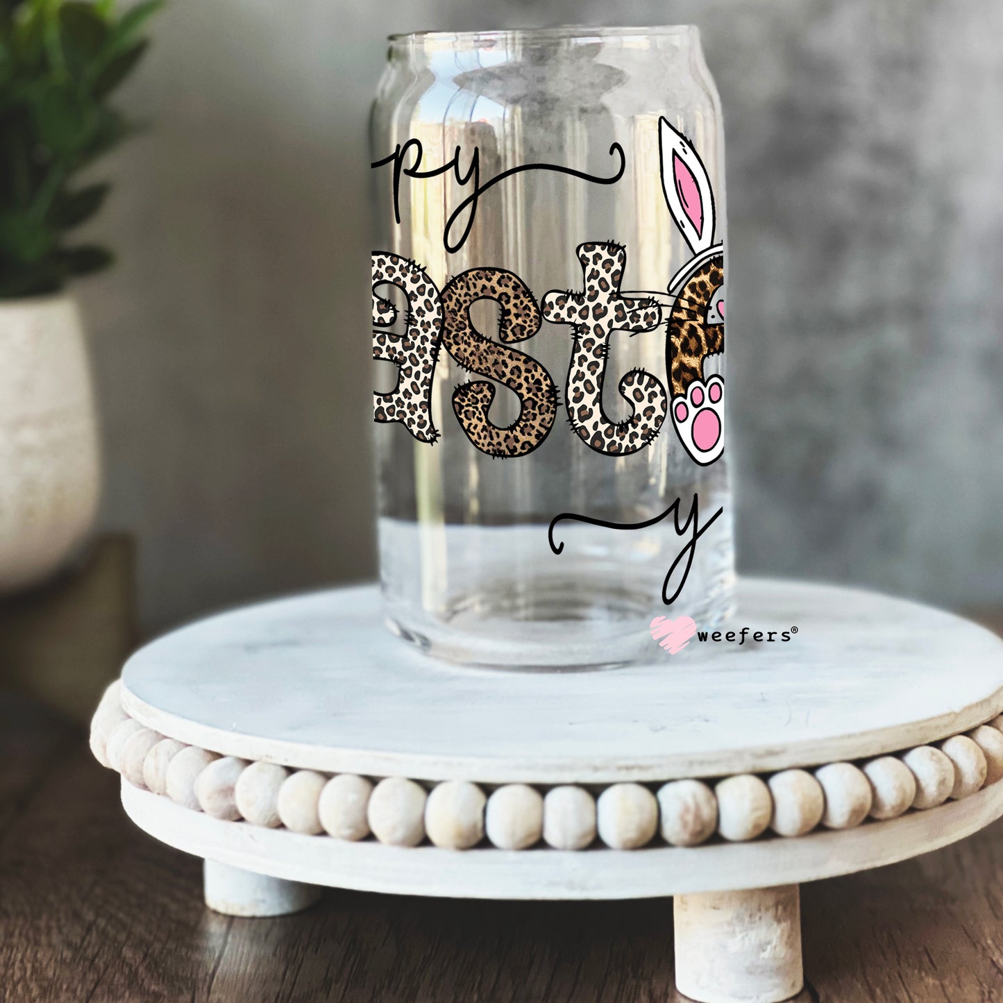 Happy Easter Leopard Bunny 16oz Libbey Glass Can UV DTF or Sublimation Wrap - Decal - Weefers