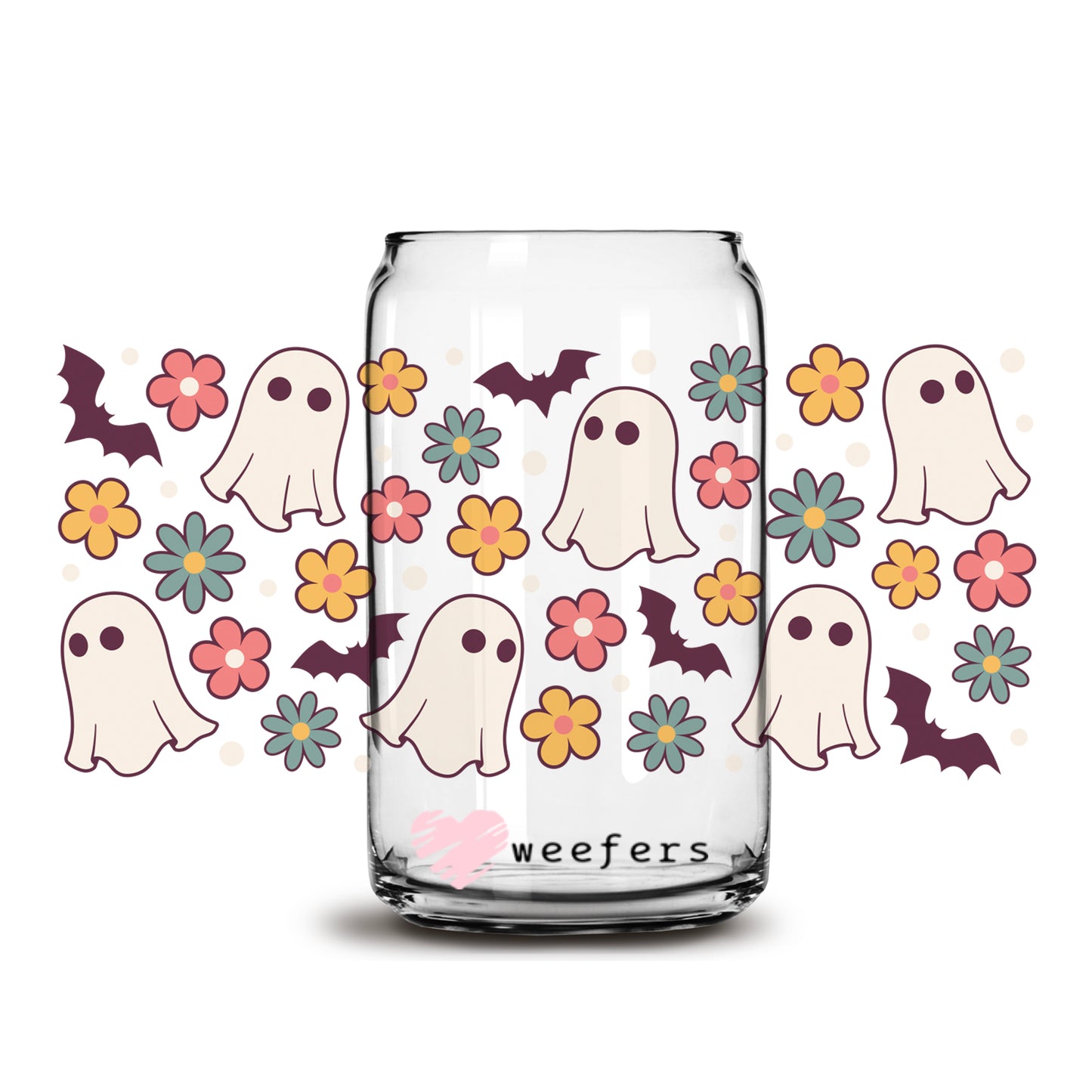 Retro Floral Ghost 16oz Libbey Glass Can UV DTF or Sublimation Wrap - Decal - Weefers