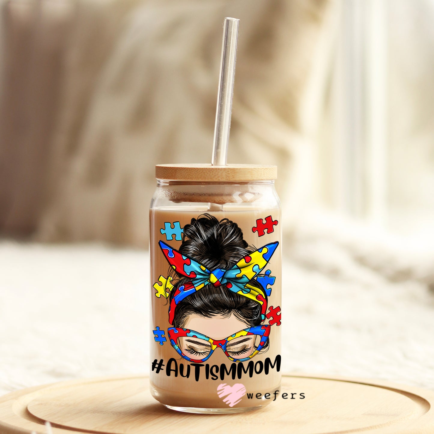 Messy Bun Autism Mom Awareness 16oz Libbey Glass Can UV DTF or Sublimation Wrap - Decal - Weefers