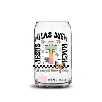 Jesus Has My Back 16oz Libbey Glass Can UV DTF or Sublimation Cup Wrap - Decal Transfer - Weefers