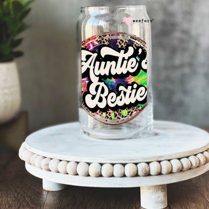 Auntie's Bestie Tie Dye 16oz Libbey Glass Can UV DTF or Sublimation Cup Wrap - Decal Transfer - Weefers