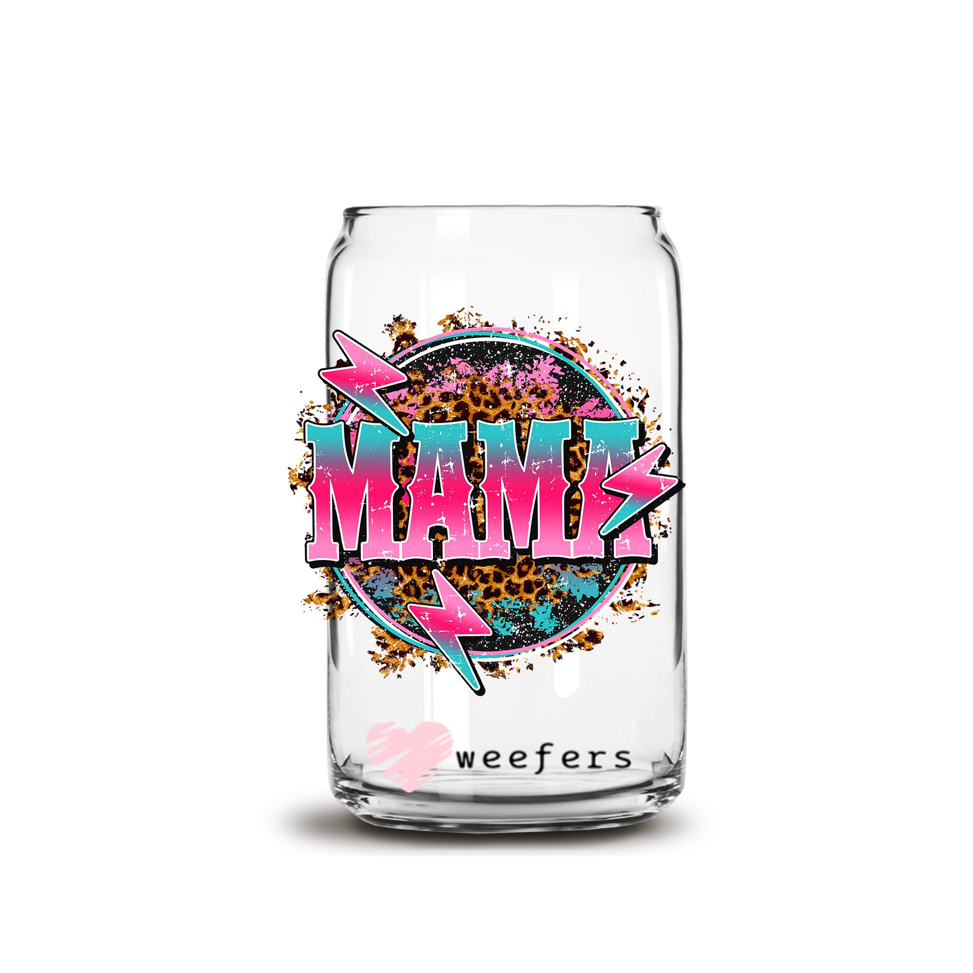 Mama Pink Teal Leopard 16oz Libbey Glass Can UV DTF or Sublimation Cup Wrap - Decal Transfer - Weefers