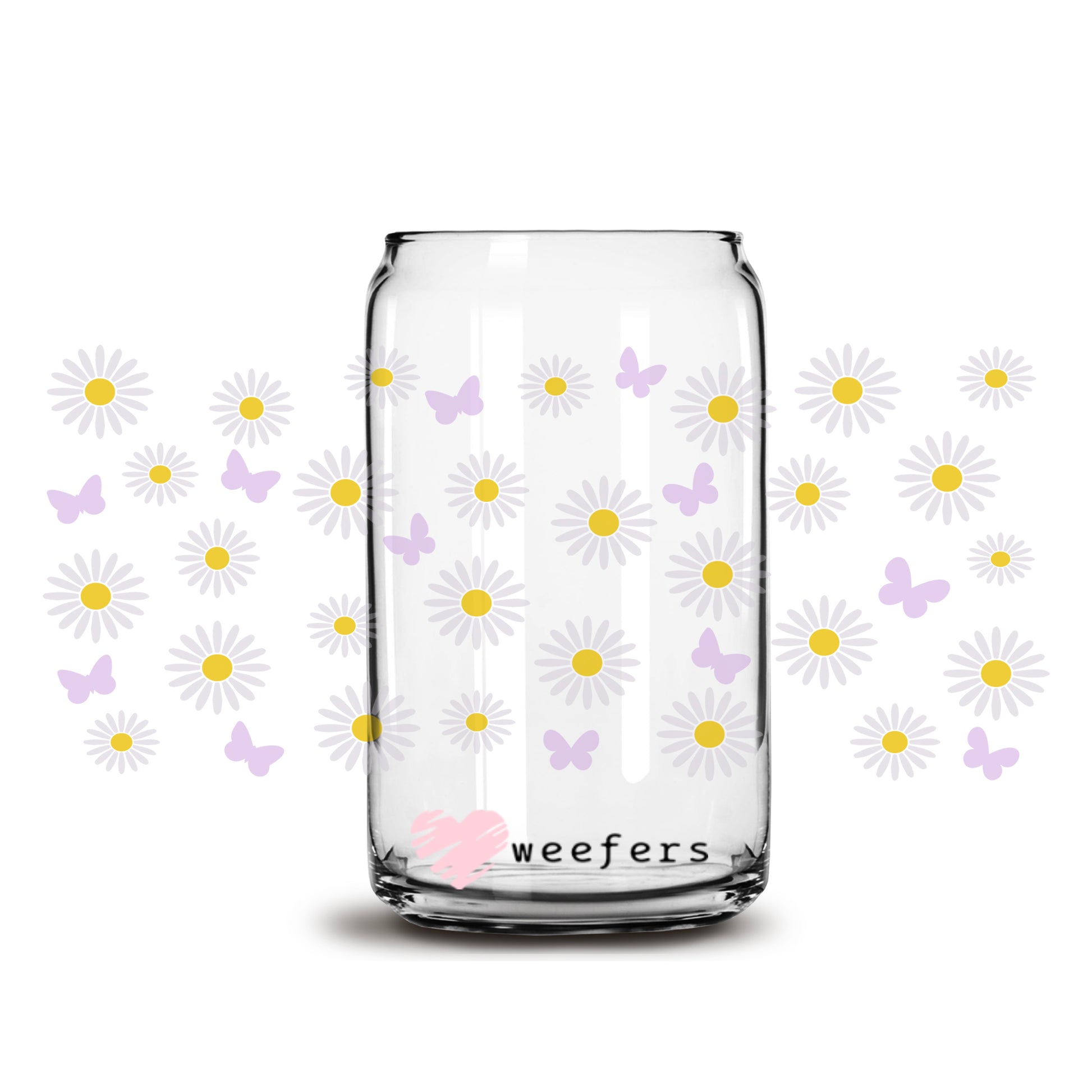 White Daisies and Purple Butterflies 16oz Libbey Glass Can UV DTF or Sublimation Cup Wrap - Decal Transfer - Weefers