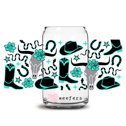 Teal and Black Cowboy boots and Hats 16oz Libbey Glass Can UV DTF or Sublimation Cup Wrap - Decal - Weefers