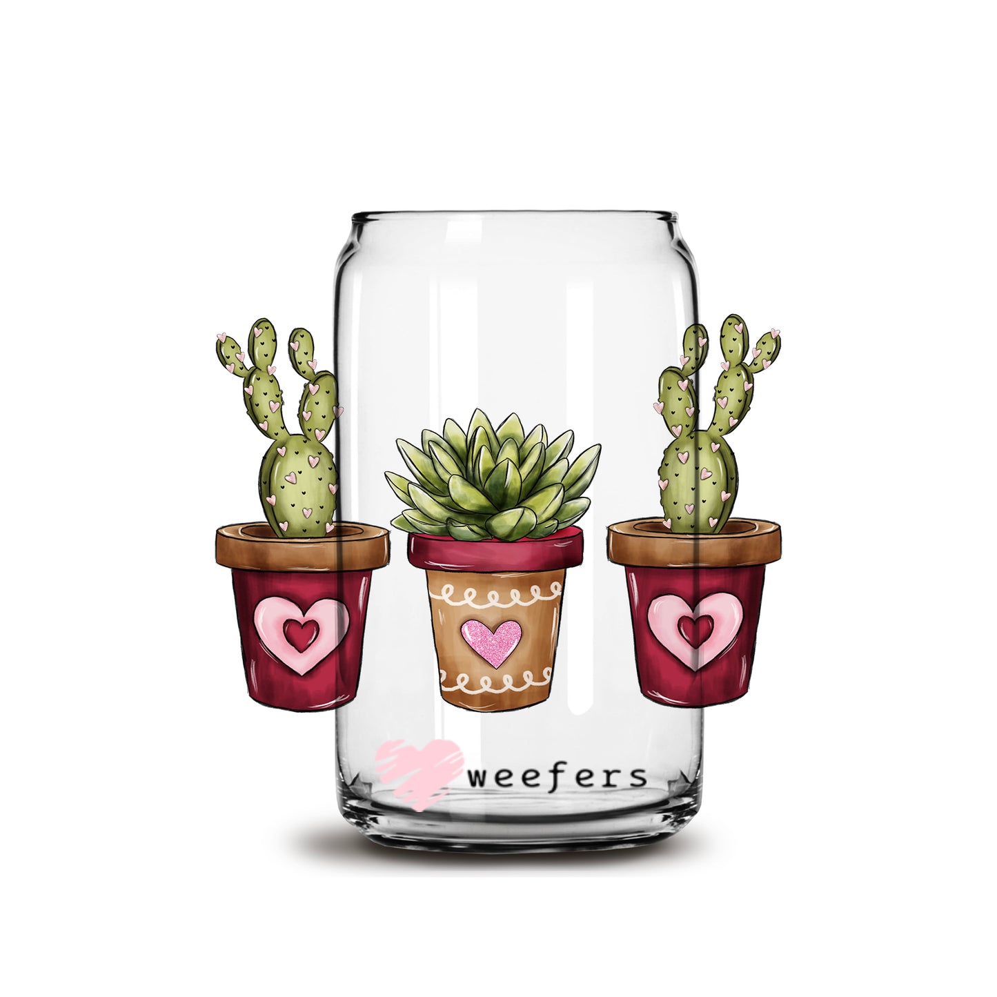 Valentine's Succulent 16oz Libbey Glass Can UV DTF or Sublimation Cup Wrap - Decal Transfer - Weefers