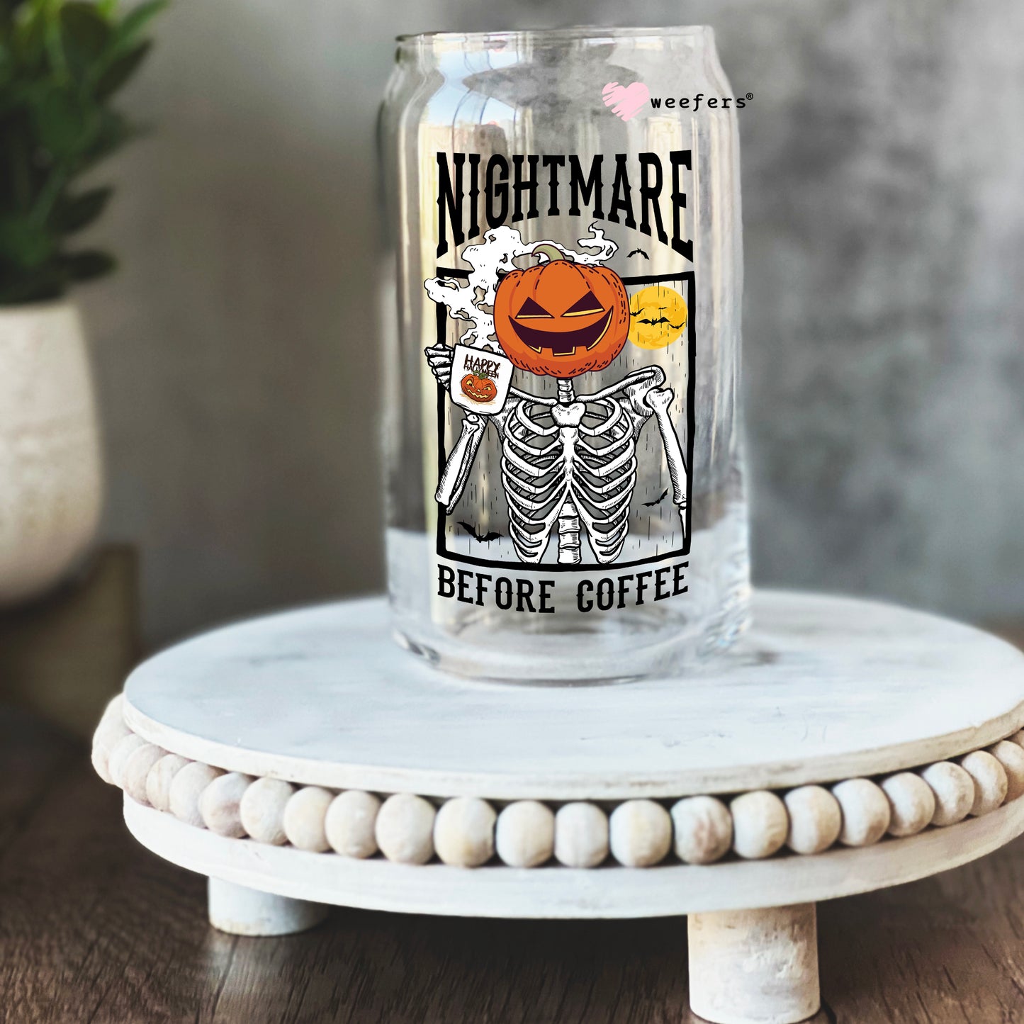 Nightmare Before Coffee Halloween 16oz Libbey Glass Can UV DTF or Sublimation Wrap - Decal - Weefers