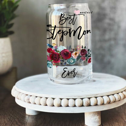 Best Stepmom Ever Burgundy Floral 16oz Libbey Glass Can UV DTF or Sublimation Wrap - Decal - Weefers