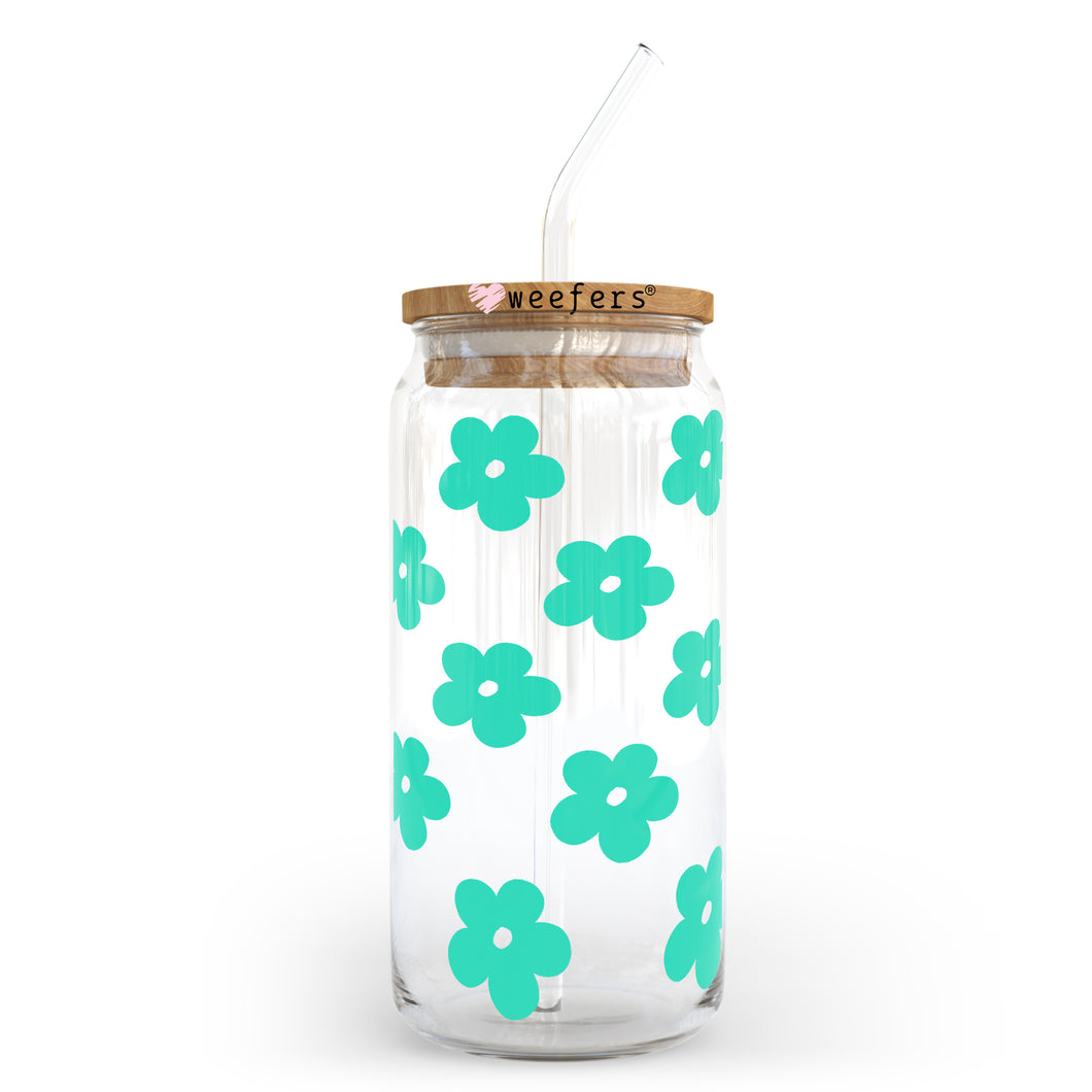 Teal Retro Flowers 20oz Libbey Glass Can UV-DTF or Sublimation Wrap - Decal