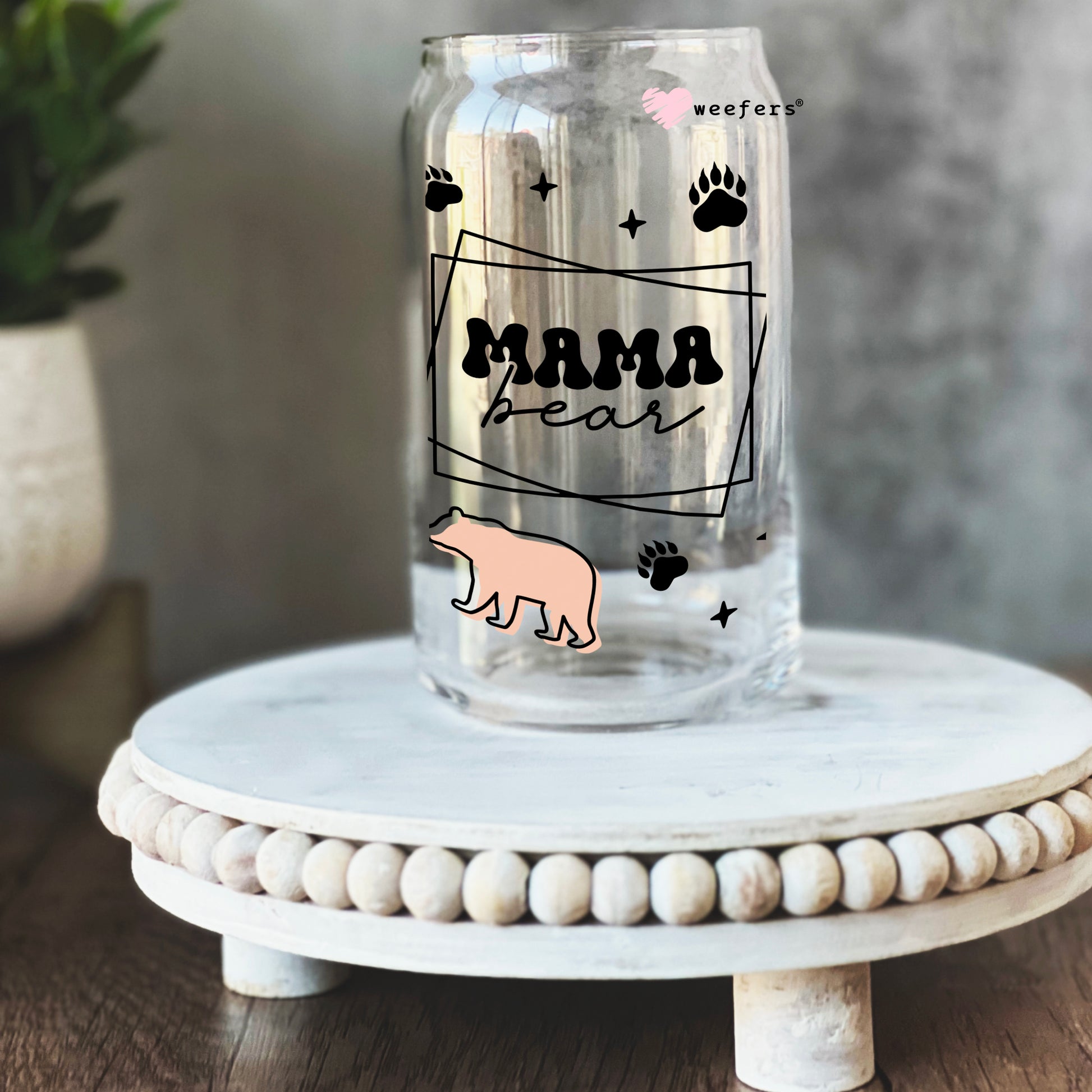 Mama Bear Teal and Pink 16oz Libbey Glass Can UV DTF or Sublimation Wrap - Decal - Weefers