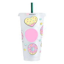 Load image into Gallery viewer, Pastel Heart Pink donuts Cold Cup Wrap- Hole - Ready to apply
