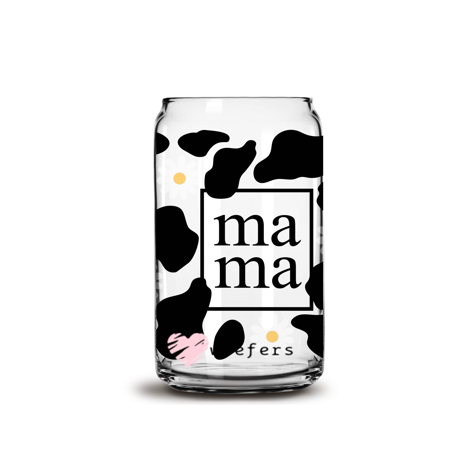 Mama Black Cow Print and Daisies 16oz Libbey Glass Can UV DTF or Sublimation Wrap - Decal - Weefers