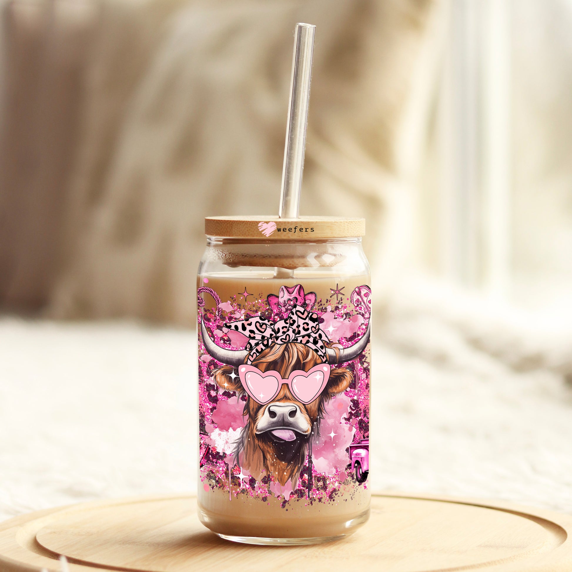 Country Bougee Pink Highlander Cow 16oz Libbey Glass Can UV DTF or Sublimation Cup Wrap - Decal Transfer - Weefers