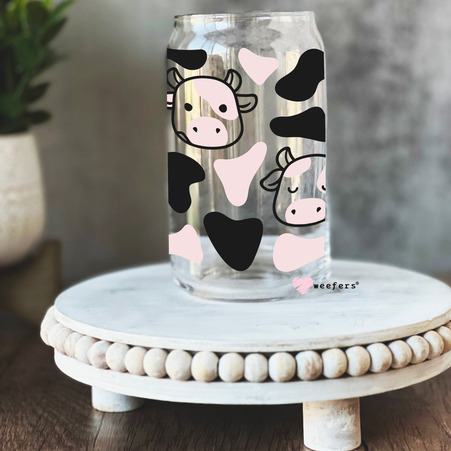 Baby Pink Cow Print Libbey Glass Can Wrap UV DTF Sublimation Transfers - Weefers