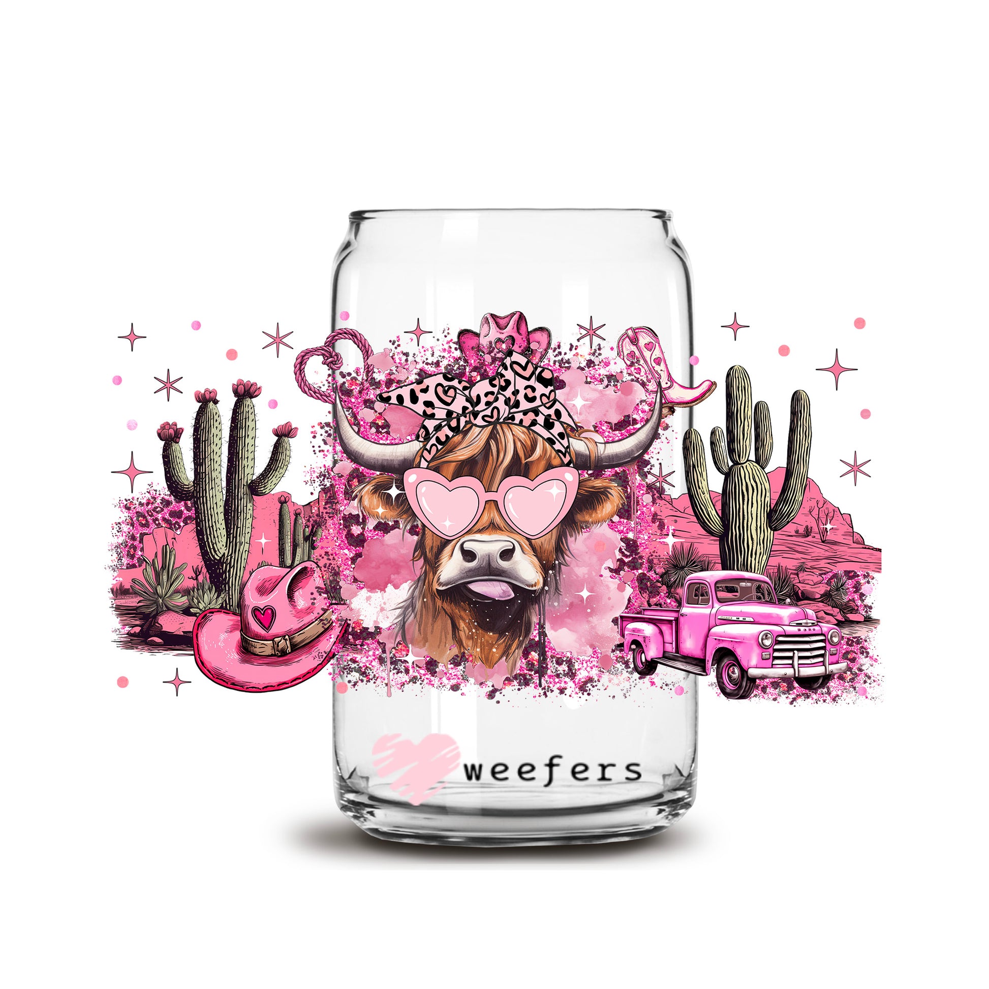 Country Bougee Pink Highlander Cow 16oz Libbey Glass Can UV DTF or Sublimation Cup Wrap - Decal Transfer - Weefers