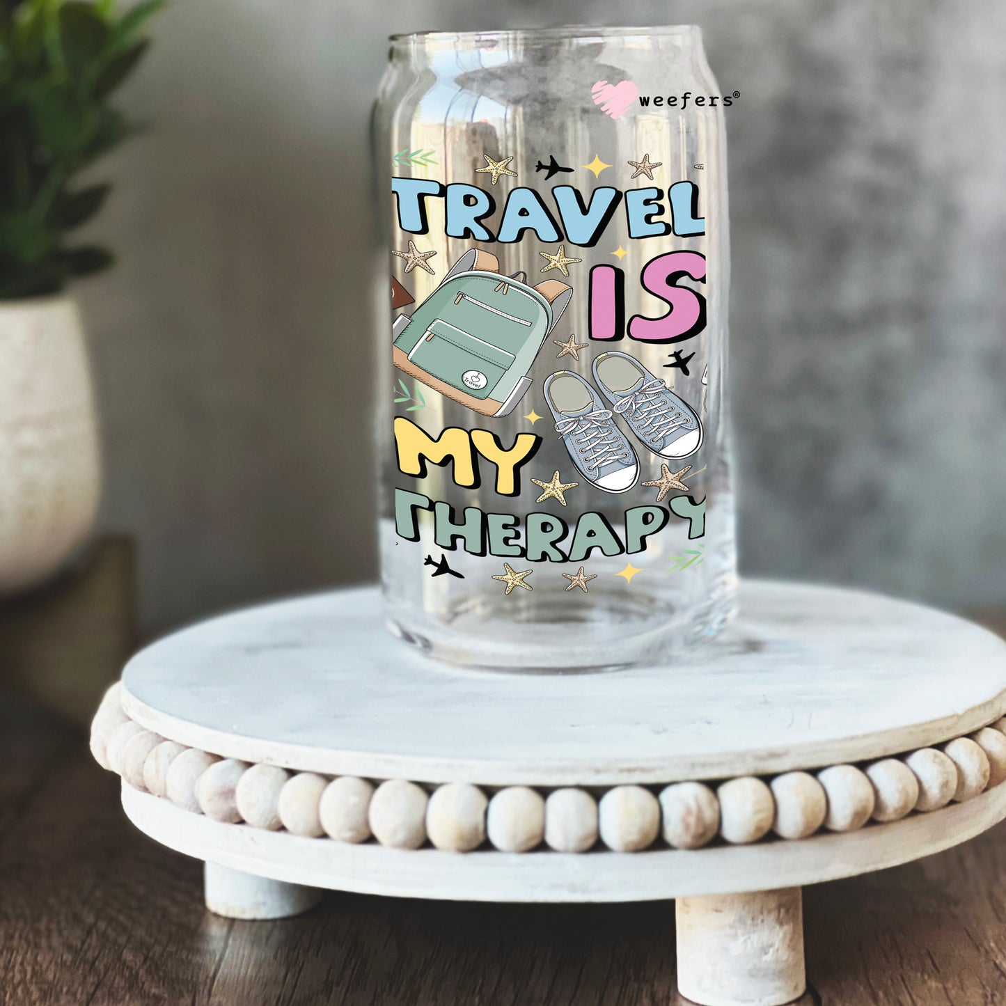 Travel is my Therapy 16oz Libbey Glass Can UV DTF or Sublimation Cup Wrap - Decal Transfer - Weefers