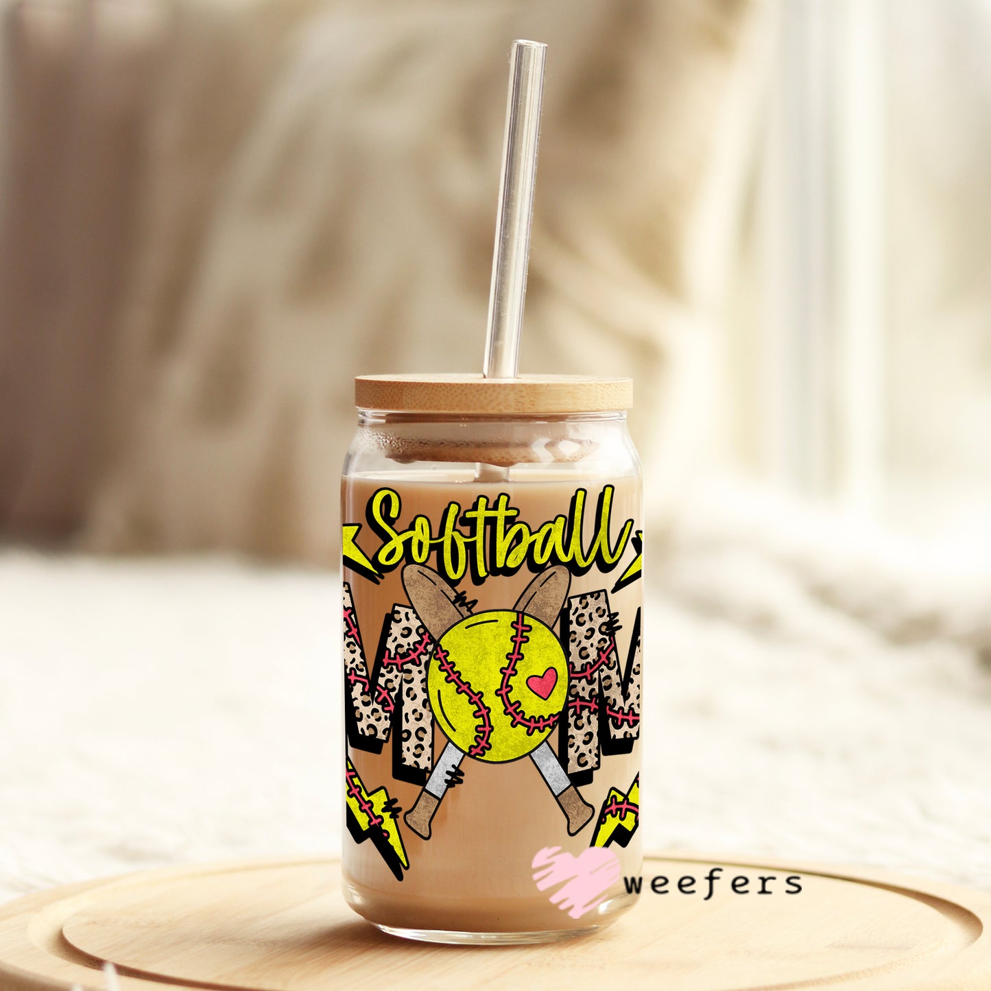 Softball Lightening 16oz Libbey Glass Can UV DTF or Sublimation Wrap - Decal - Weefers