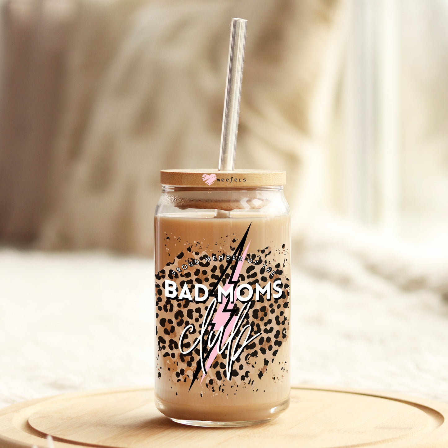 Bad Moms Club Leopard 16oz Libbey Glass Can UV DTF or Sublimation Wrap - Decal - Weefers