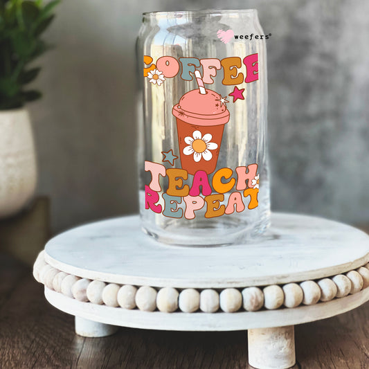 Coffee Teach Repeat Floral 16oz Libbey Glass Can UV DTF or Sublimation Wrap - Decal Weefers
