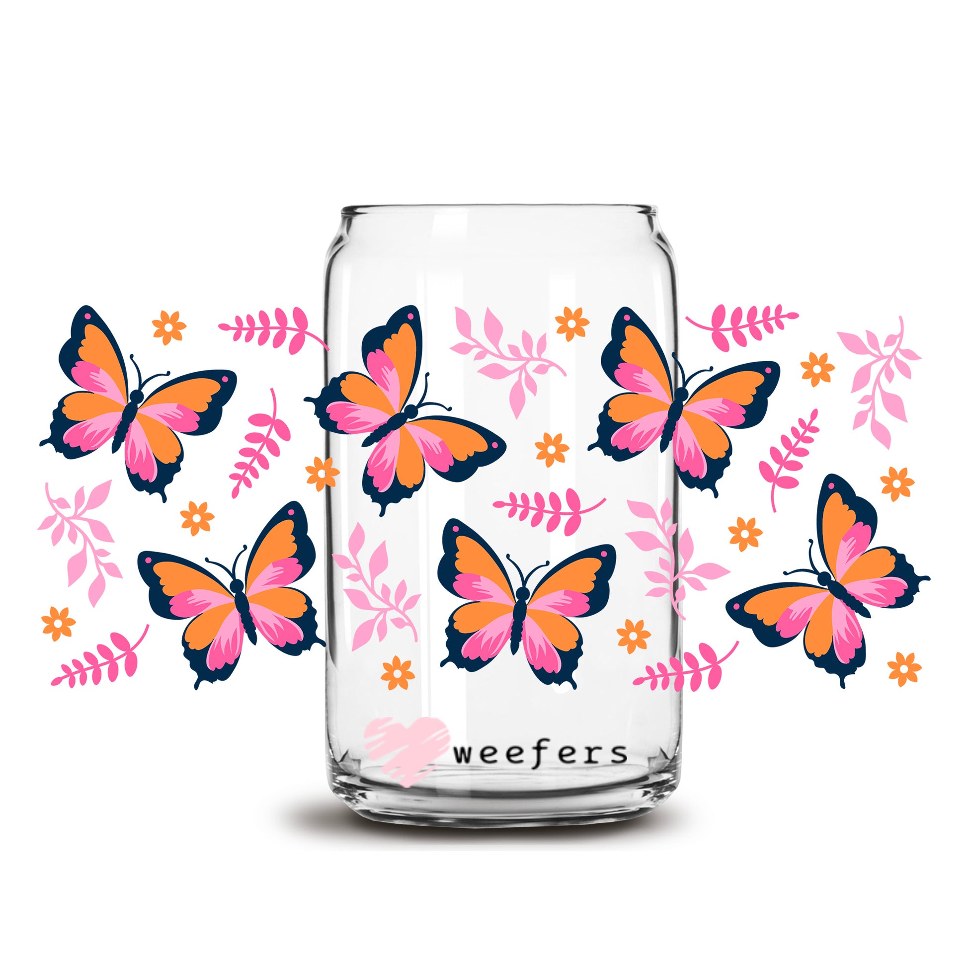 Butterflies Orange Pink and Black 16oz Libbey Glass Can UV DTF or Sublimation Cup Wrap - Decal Transfer - Weefers