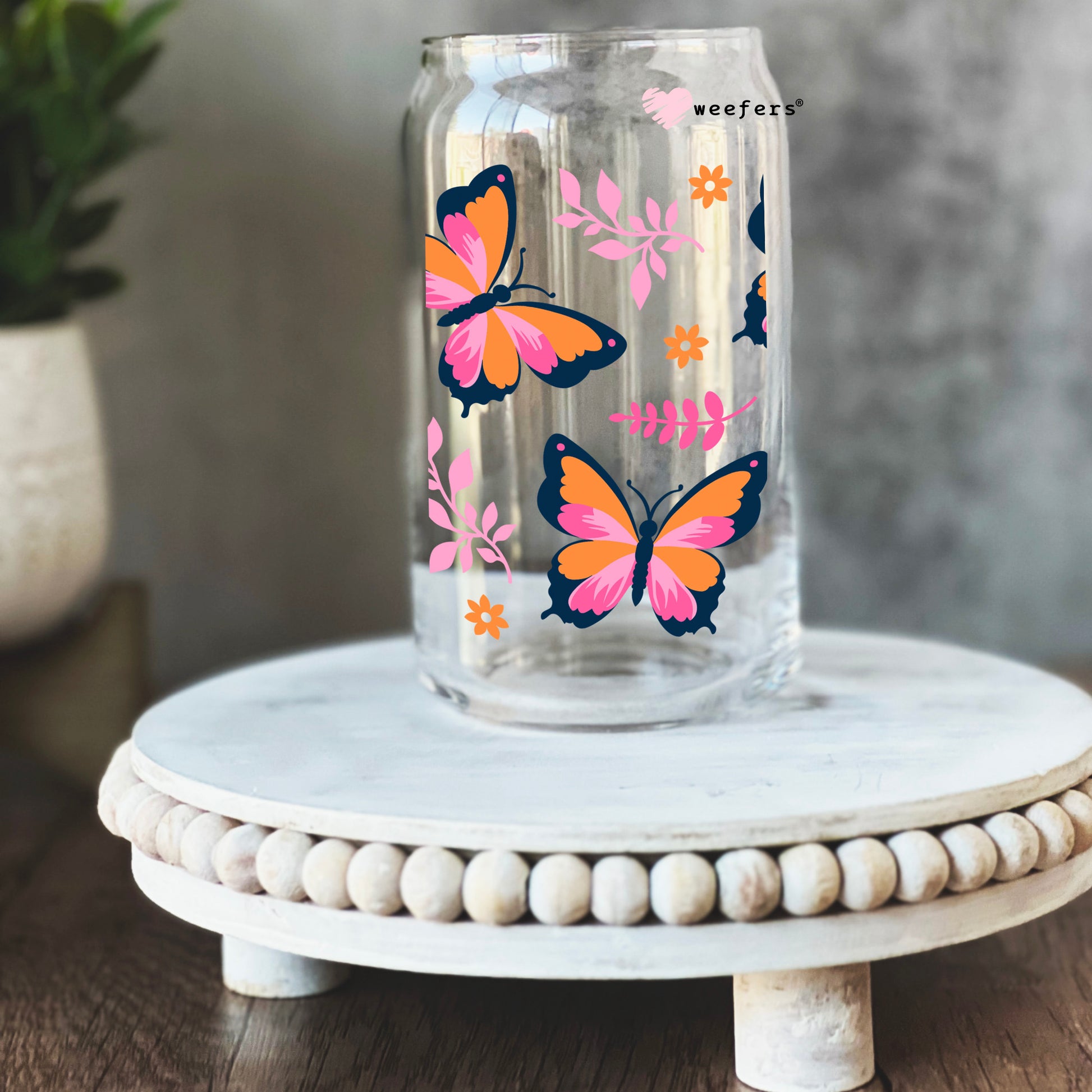 Butterflies Orange Pink and Black 16oz Libbey Glass Can UV DTF or Sublimation Cup Wrap - Decal Transfer - Weefers