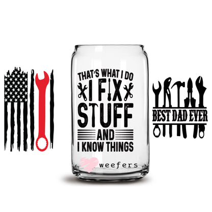 That's What I Do I fix Stuff 16oz Libbey Glass Can UV DTF or Sublimation Cup Wrap - Decal Transfer - Weefers