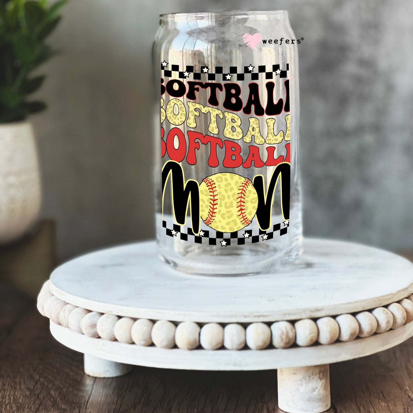 Softball Mom Stacked 16oz Libbey Glass Can UV DTF or Sublimation Cup Wrap - Decal Transfers - Weefers